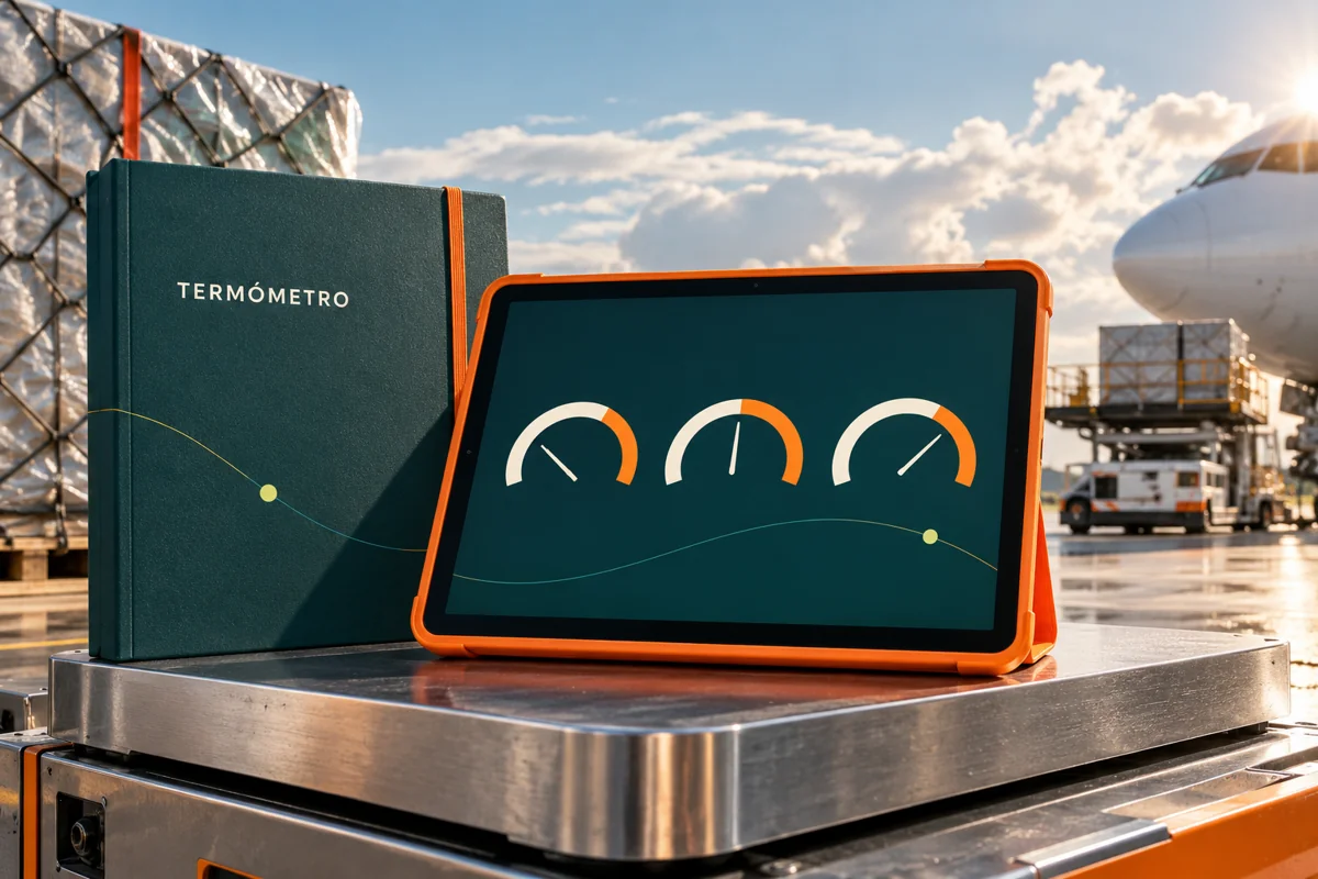 Mockup del Termómetro de Embudos en una tablet con indicadores conceptuales