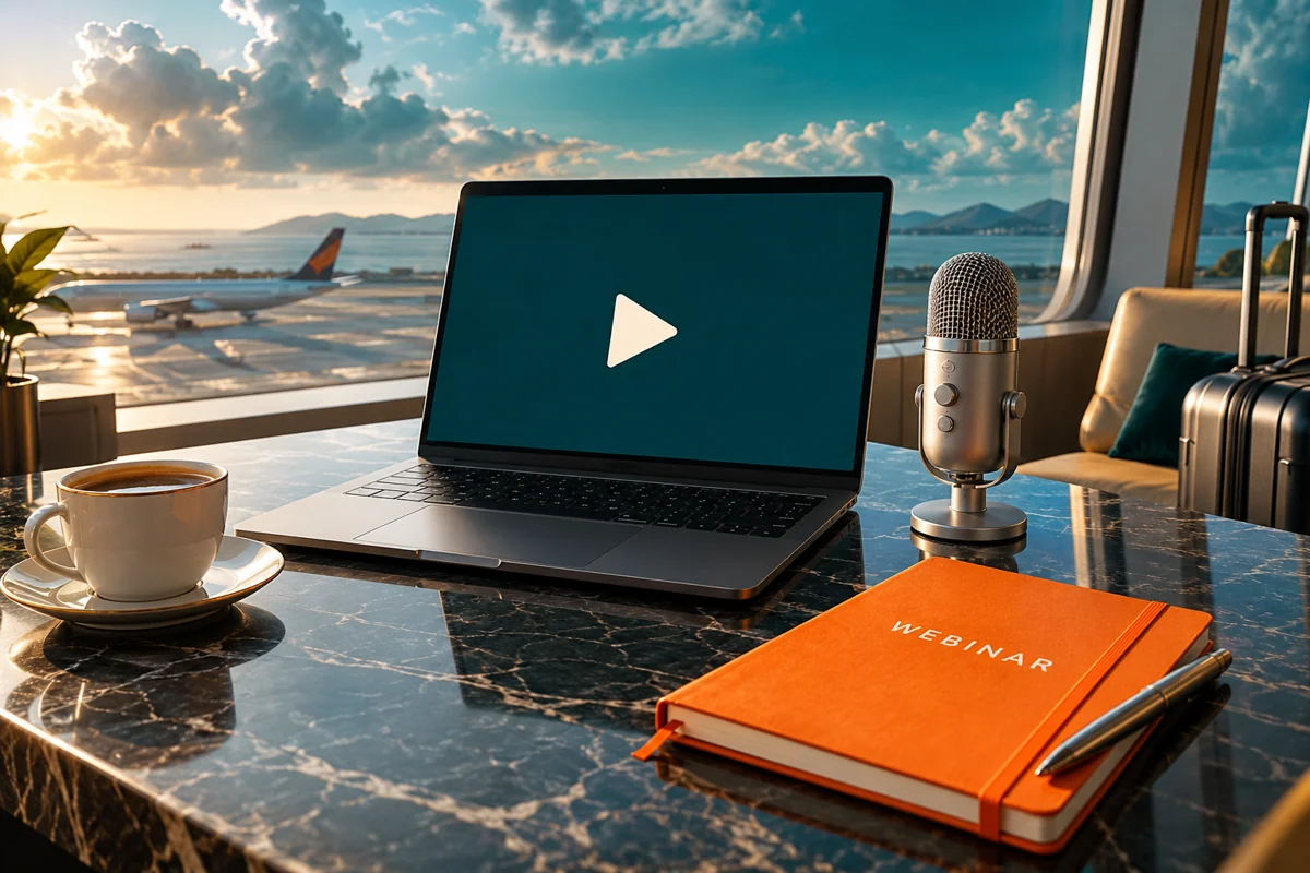Mockup del kit de webinar con portátil, micrófono y cuaderno en una sala de aeropuerto